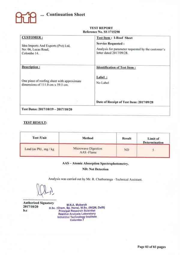 Lead (as Pb) mg/kg Test